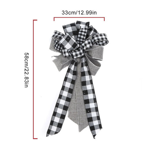 Laço grande de 58 x 33 cm (22,8 x 13 polegadas) com glitter xadrez para o topo da árvore de Natal, com design quadriculado em preto e branco, ideal 1