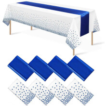 Lot de 4 nappes rectangulaires en plastique à pois (137 x 274 cm) + 4 chemins de table en satin (30 x 274 cm), imperméables et jetables, parfaits