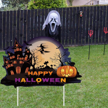 1 juego de letreros de plástico para jardín, decoraciones para exteriores, con la palabra "Feliz Halloween", color negro, 230 x 360 x 4 mm.