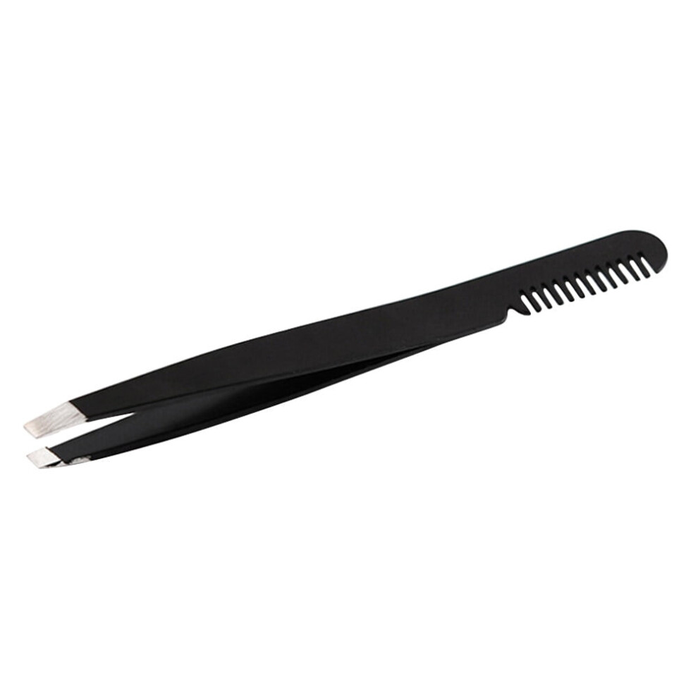 Eyebrow Tweezer with Brush Comb Stainless Steel Black