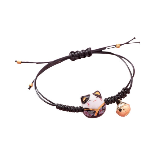 Maneki Neko armbånd med heldig kat, justerbart, håndstrikket