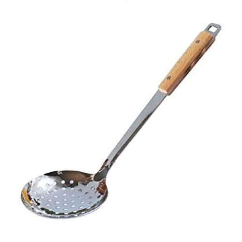 Colher escumadeira de aço inoxidável com cabo de madeira de 20 cm (8 polegadas)
