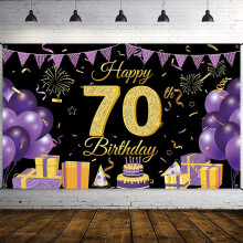 Tillykke med 70 års fødselsdag baggrundsbanner 70,86" x 43,3" lilla sort, skål for 70 år gamle balloner baggrund, festartikler, haveskilt,