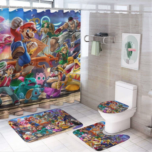Σετ κουρτίνας ντους Mario με αντιολισθητικό χαλάκι μπάνιου και τουαλέτα