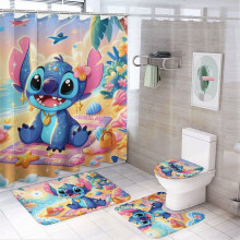 Ensemble rideau de douche Stitch Family avec tapis de bain antidérapant et