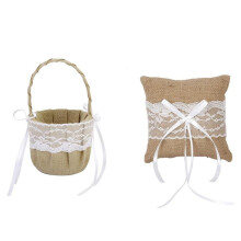 Ensemble coussin et panier pour alliances, toile de jute rustique, 15 x 15 cm
