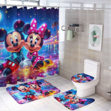Ensemble de douche familial Mickey 4 pièces avec tapis antidérapants, housse de toilette et tapis de bain, imperméable, 183 x 183 cm, 12 crochets,
