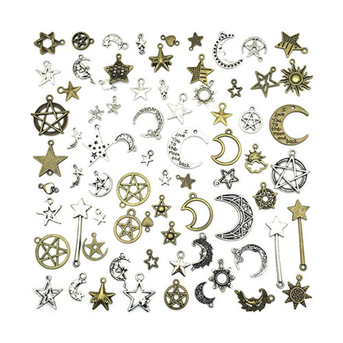 Pingentes de estrela e lua para confecção de joias DIY (74 peças)
