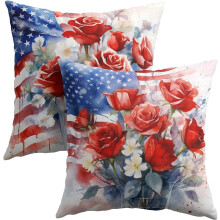 Fețe de pernă cu tematică de 4 iulie - Fețe de pernă cu motive florale patriotice, 45x45 cm, design cu trandafir și steagul SUA, set de 2