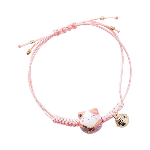 Handstickat flätat armband med katt, rosa, 1 st