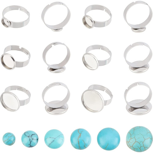 Adjustable Ring Making Kit with Turquoise Cabochons 24pcs
