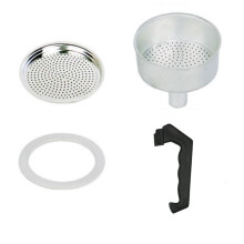 Pièces de rechange pour cafetière italienne : poignée, joint, entonnoir et filtre.