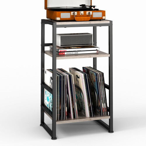 Soporte para tocadiscos de vinilo, color marrón rústico, 3 niveles