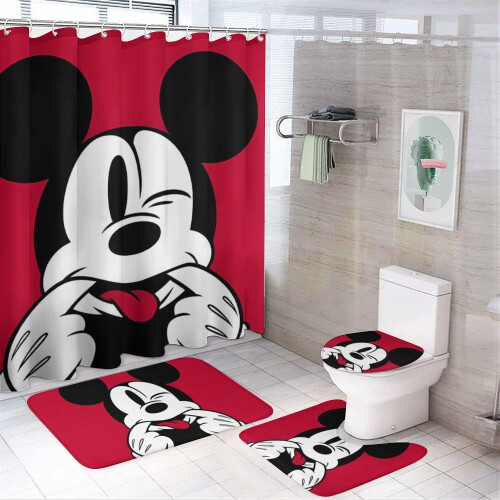 Σετ κουρτινών μπάνιου Mickey family με αντιολισθητικά χαλιά 4 τεμάχια