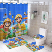 Ensemble rideau de douche Mario avec tapis antidérapant et housse de toilette