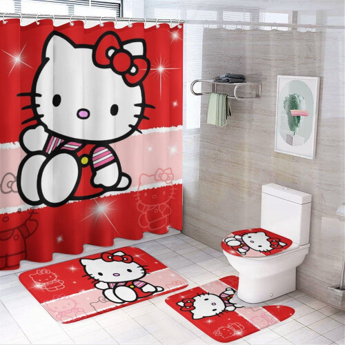 Ensemble rideau de douche Hello Kitty avec tapis de bain antidérapant et