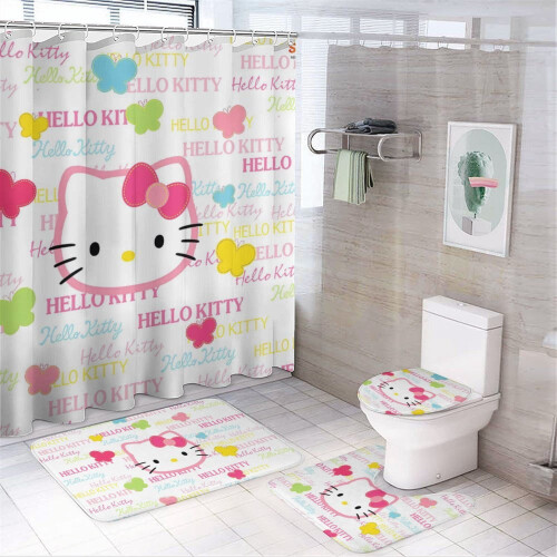 Ensemble rideau de douche Hello Kitty avec tapis de bain antidérapant et