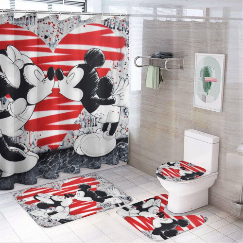 Ensemble rideau de douche Mickey avec tapis de bain antidérapant et