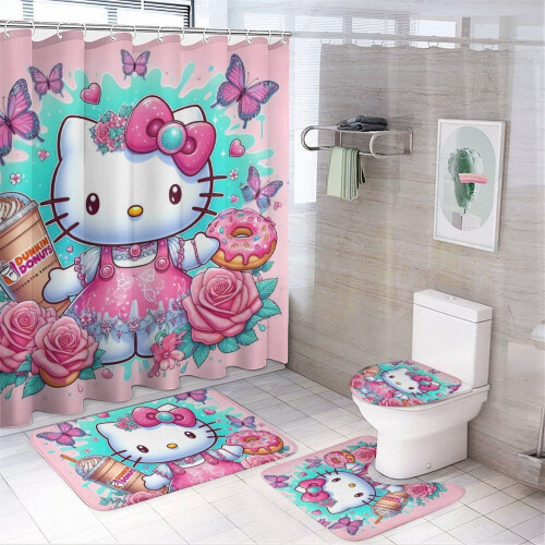 Ensemble rideau de douche Hello Kitty avec tapis de bain antidérapant et