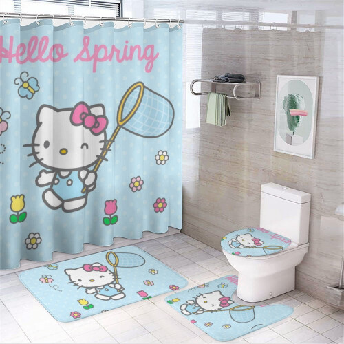 Ensemble rideau de douche Hello Kitty avec tapis de bain antidérapant et