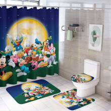 Ensemble de douche familial Mickey 4 pièces avec tapis antidérapants, housse de toilette et tapis de bain, rideaux noirs imperméables + 12