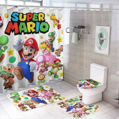 Mario douchegordijnset met antislipmat en badmat