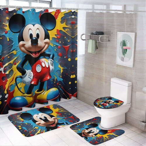 Ensemble rideau de douche Mickey avec tapis de bain antidérapant et