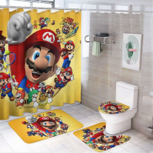 Ensemble rideau de douche Mario avec tapis de bain antidérapant et toilettes