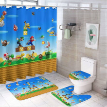 Ensemble rideau de douche Mario avec tapis de bain antidérapant et toilettes