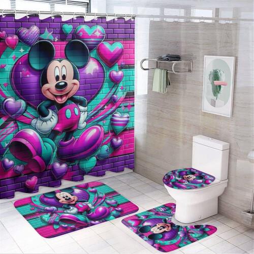 Ensemble rideau de douche Mickey avec tapis de bain antidérapant et
