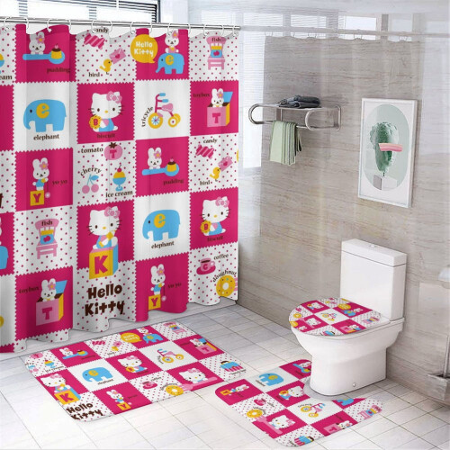Ensemble rideau de douche Hello Kitty avec tapis de bain antidérapant et