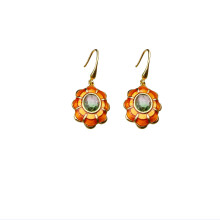 Vintage flower-shaped enamel earrings with crystal glass red
