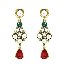 Pearl teardrop earrings with red crystal accents