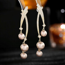 S925 Silver Needle Earrings with Pearl, Cross-Line Design