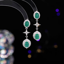 Chinese Hetian Jade Earrings Green Chalcedony Zircon 1 Pair