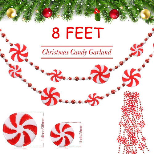 Kerstkralenslinger rood wit mintgroen 2,4 meter