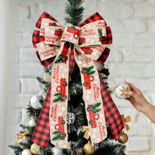 Christmas Tree Topper Buffalo Plaid Bow Red Black 9x16 Inch