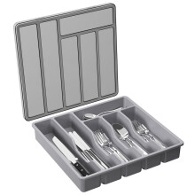 Organizador de cubiertos con tapa, plástico gris, 1 bandeja