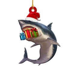Pendentif requin de Noël en bois, décoration pour sapin