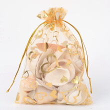 100 sachets cadeaux rectangulaires en organza imprimés cœur, couleur jaune d'or, 18 x 13 cm, à personnaliser