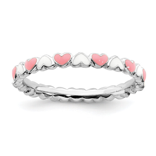 Sterling zilveren hartring met roze en witte emaille.