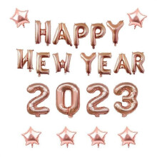 Globo de aluminio de 16" con la frase "Feliz Año Nuevo 2023" en oro rosa para decoración de fiestas.