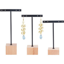 Black Metal T-Bar Earring Display Stand with Wooden Base 3