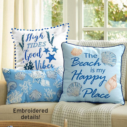 Beach-themed embroidered square accent pillow 2