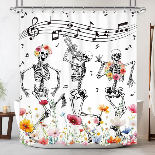 Perdea de duș cu craniu, saxofon gotic cu schelet, 60x72inch