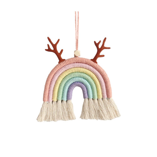 Décoration murale bohème en macramé à pompons multicolores 1