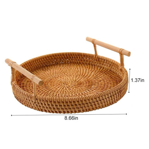 Bandeja redonda de servir em rattan trançado à mão com alças, 22 cm (8,66 polegadas) 1