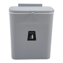 9L Grey Plastic Hanging Kitchen Trash Can Sliding Lid with Garbage Bag Fixing Ring Wall Mount Waste Bin for Cabinet Bathroom