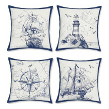 Nautical Pattern Linen Throw Pillow Cover,Sailboat Compass Lighthouse Decorative Pillow Cover for Sofa Bed Home Decor