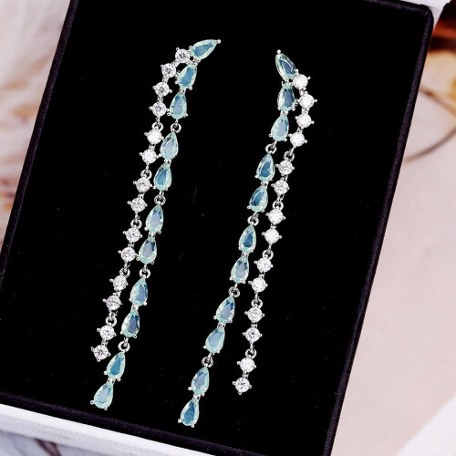 Long Fringed Zircon Earrings Silver Needle Water Drop 1